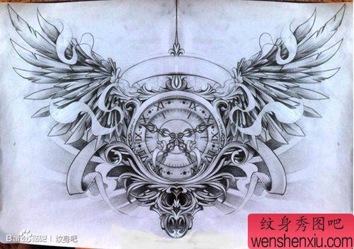 超帅很酷的一幅指南针与翅膀纹身图案