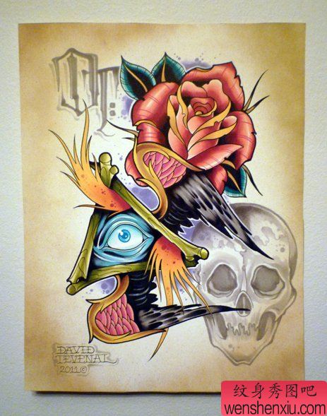 流行很帅的一幅上帝之眼与翅膀纹身图案