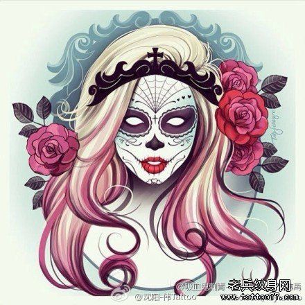 漂亮流行的一幅亡灵装美女纹身图案