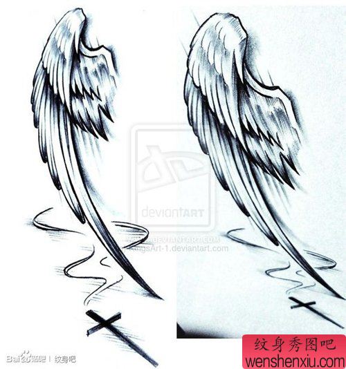 一幅唯美流行的翅膀纹身手稿