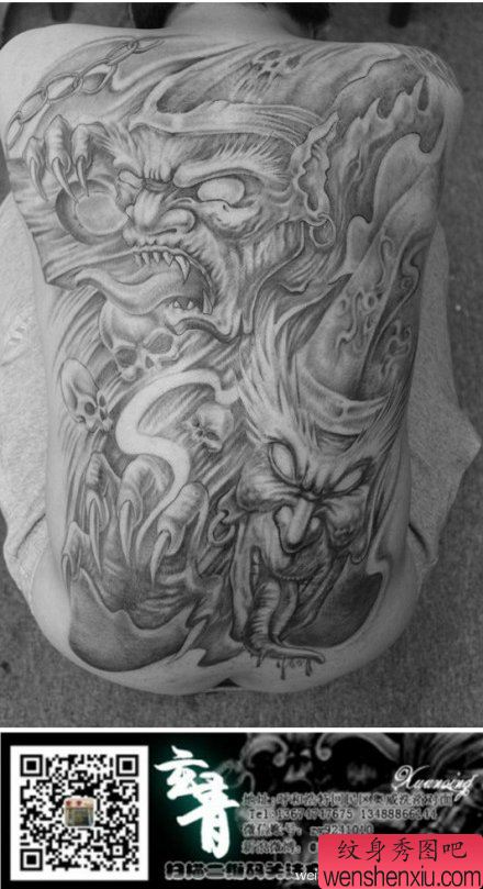 超酷很帅的满背黑灰无常纹身图案