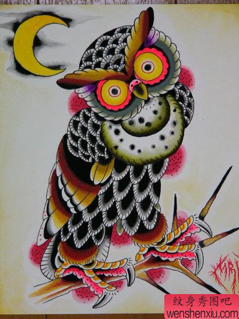 流行很帅的猫头鹰纹身手稿
