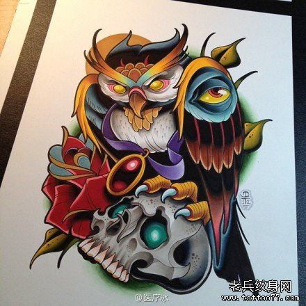 流行很酷的一幅猫头鹰纹身图案
