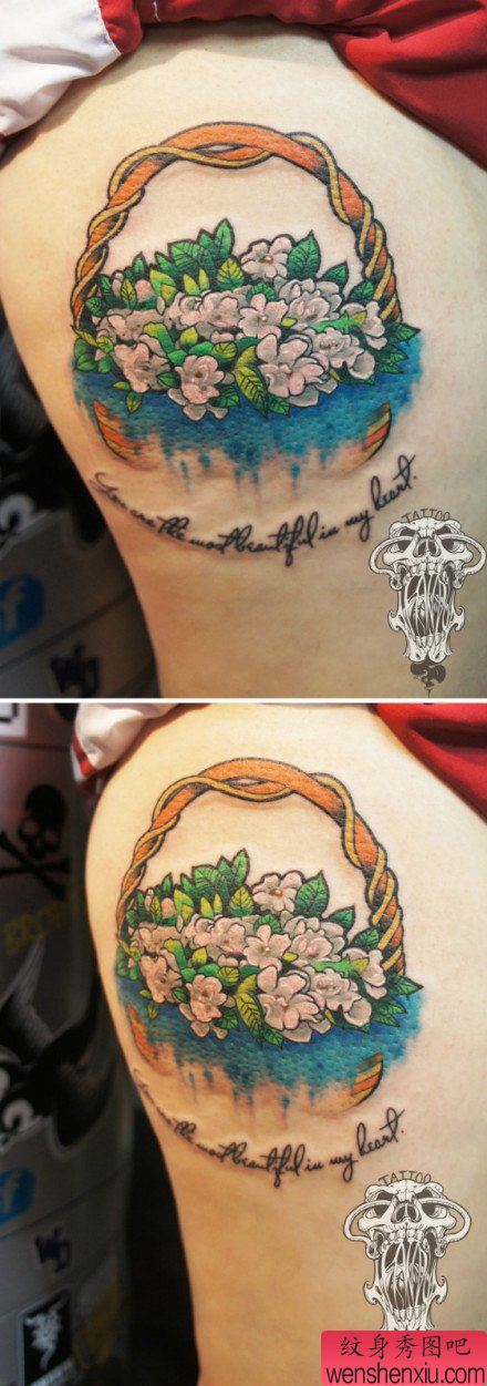 手臂好看流行的花篮纹身图案