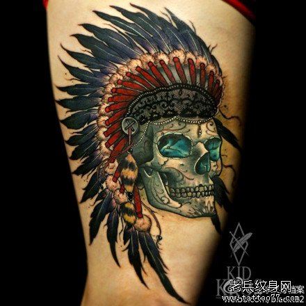 一幅很帅经典的酋长骷髅纹身图案