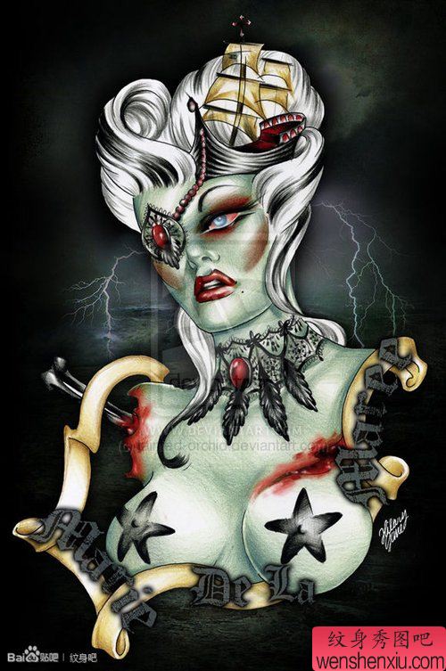 另类很酷的一幅欧美美女纹身手稿