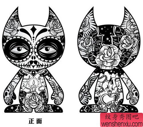 一幅流行经典的图腾猫咪纹身手稿