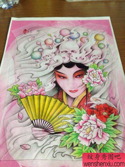 漂亮精美的满背花旦纹身手稿