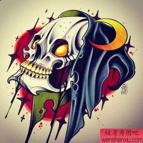 流行帅气的骷髅纹身手稿