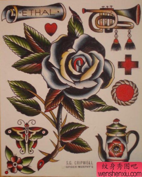 一组唯美流行的school玫瑰花纹身手稿