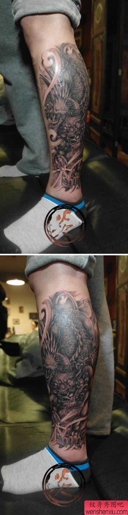 男性腿部流行很酷的貔貅纹身图案