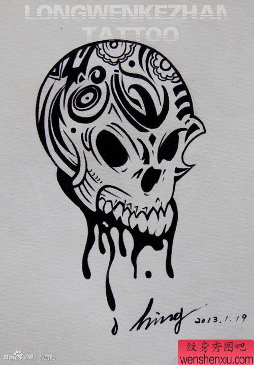 流行很酷的一幅图腾骷髅纹身图案