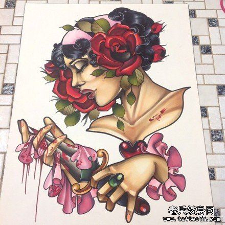 漂亮流行的school风格的美女纹身手稿