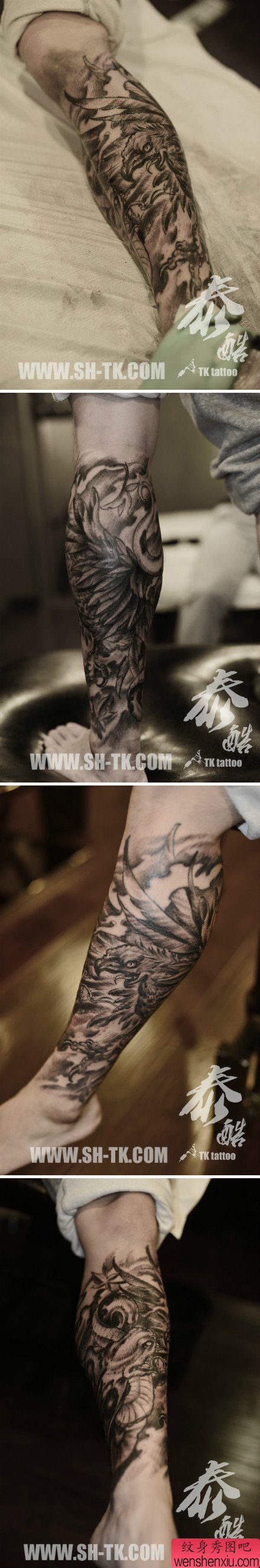 腿部超帅很酷的老鹰与蛇纹身图案