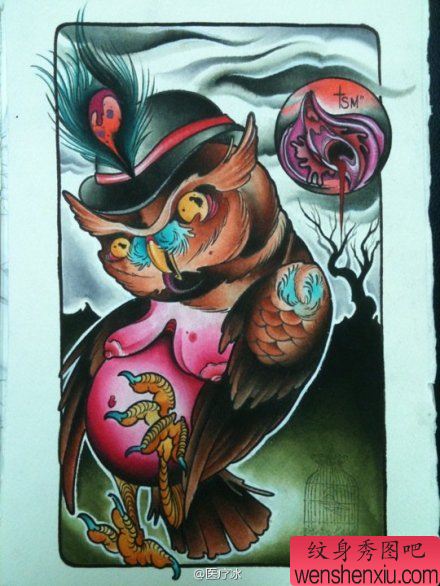 很酷流行的一幅猫头鹰纹身手稿