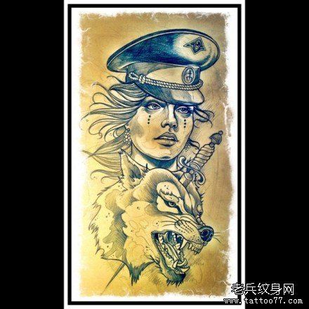 流行漂亮的一幅美女与狼头纹身手稿