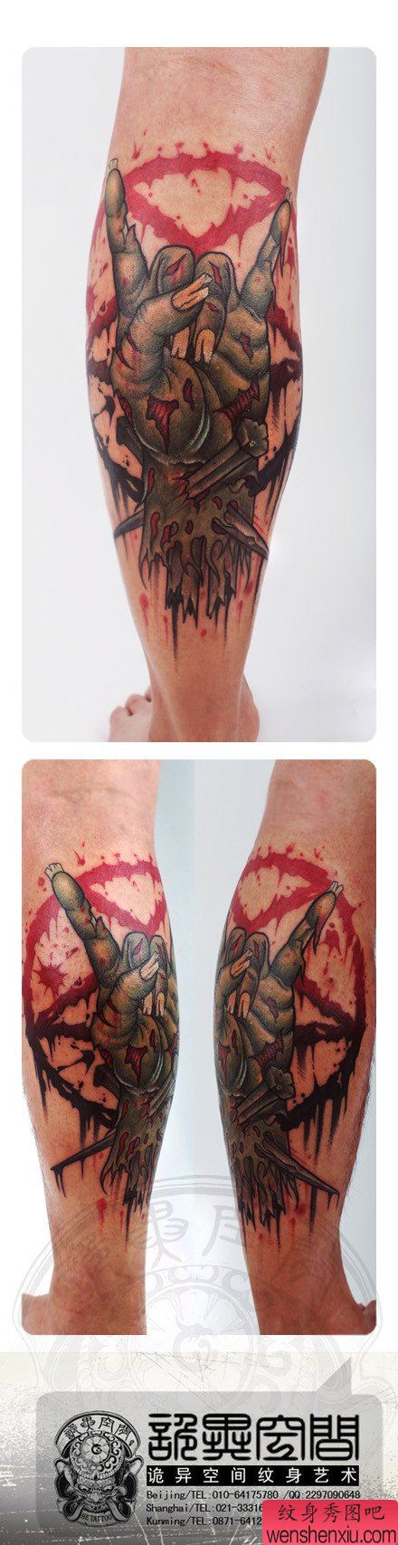 腿部流行很酷的僵尸手纹身图案