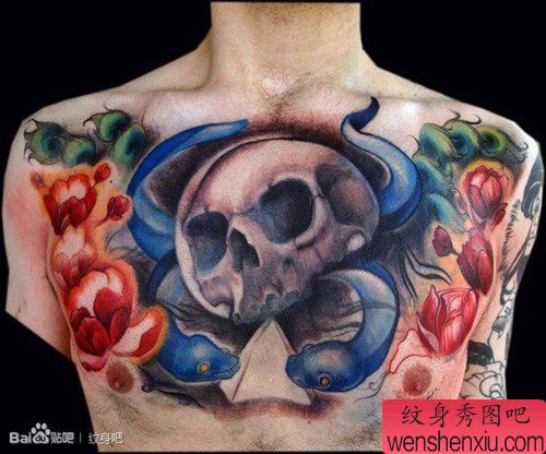 男性前胸流行很酷的骷髅纹身图案