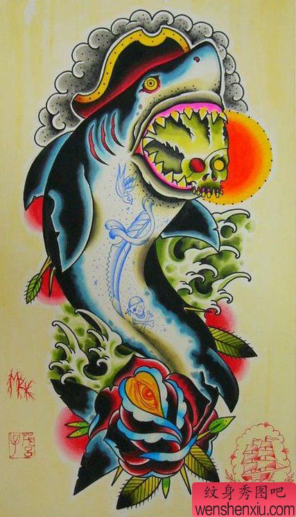 流行很帅的一幅鲨鱼纹身手稿