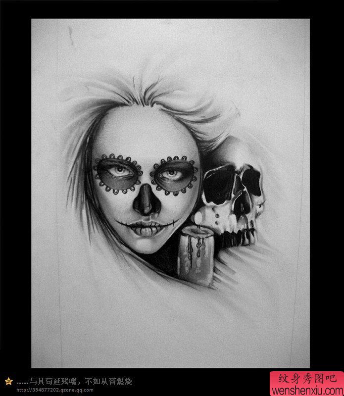 一幅死亡女郎与骷髅的一幅手稿纹身图案