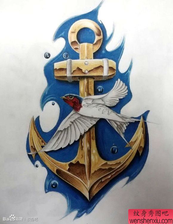 给大家介绍一幅彩色鸽子船锚纹身图片