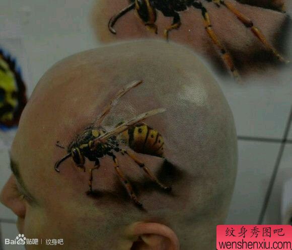男子头上一幅写实蜜蜂纹身作品