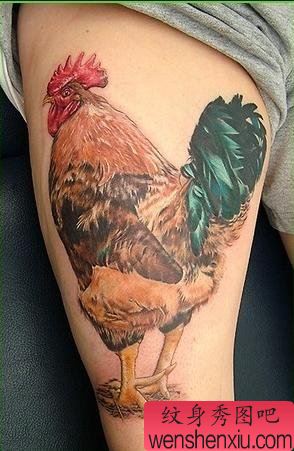 大腿上一幅非常逼真的公鸡纹身图案