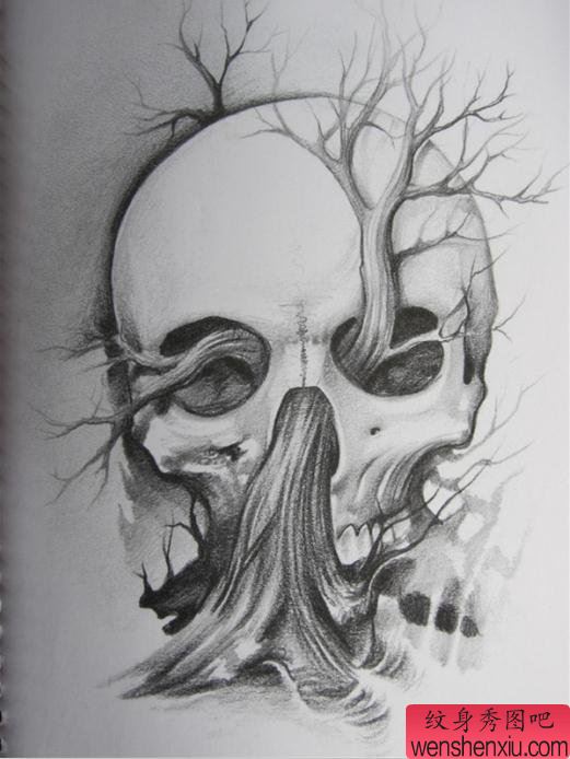 给喜欢骷髅的纹身爱好者推荐一幅骷髅树纹身图案