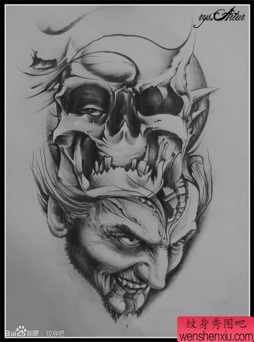 一副恐怖的骷髅人脸纹身手稿