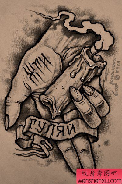 一幅个性的手蜡烛纹身图片