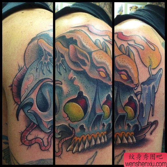 大臂上一幅欧美骷髅纹身图案