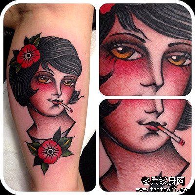 小腿上的一幅欧美人物纹身图案