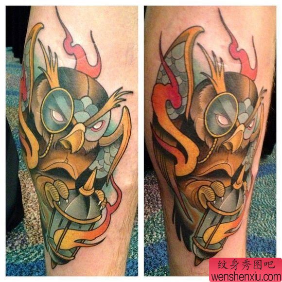 小腿上一幅个性的猫头鹰纹身图案