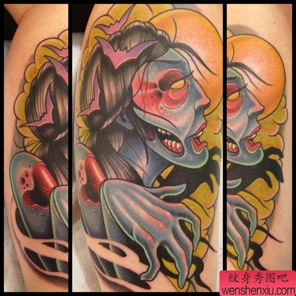 大臂上一幅school风格人物纹身图案