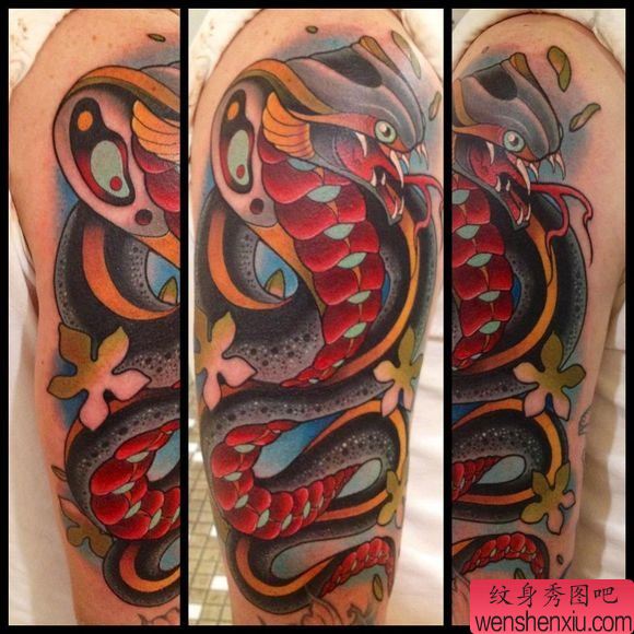 大臂上一幅个性的school风格蛇纹身图片