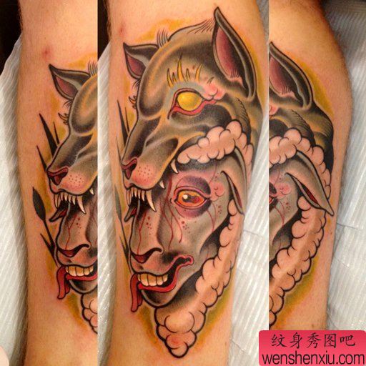 一幅school风格狼头纹身图案