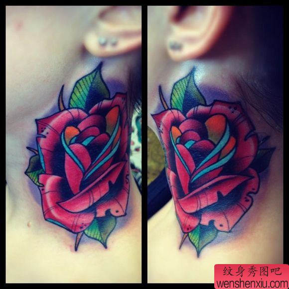 脖子上的一幅欧美玫瑰花纹身图案