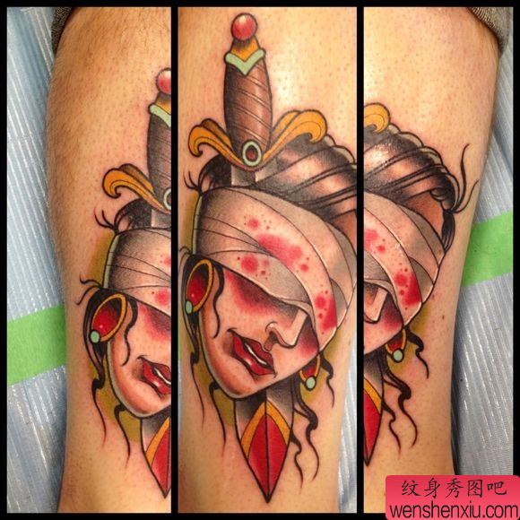 小腿上一幅school风格人物纹身图片