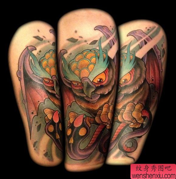 推荐一幅school风格猫头鹰纹身图案