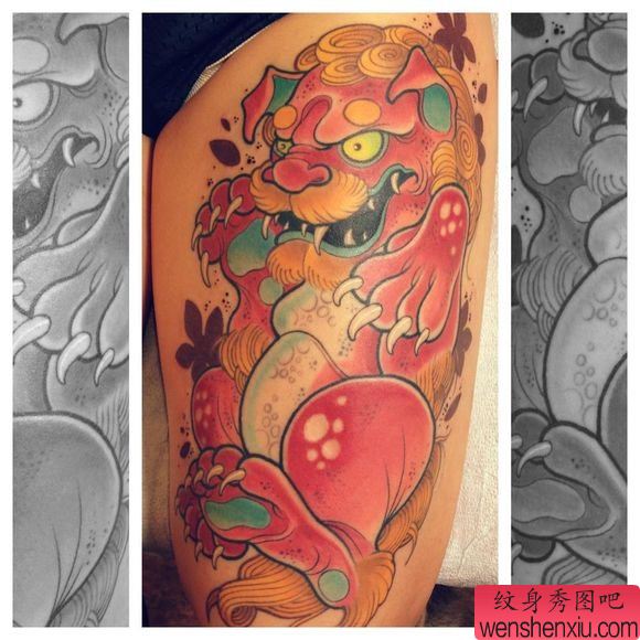 大腿上一幅school风格唐狮纹身图案