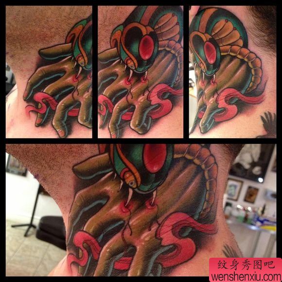 脖子上一幅个性欧美纹身图片