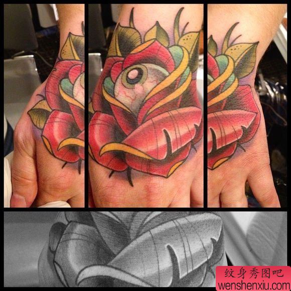 手背上一幅欧美玫瑰花纹身图案