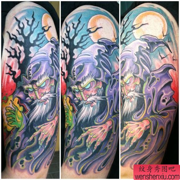 一幅欧美霸气花臂纹身图案