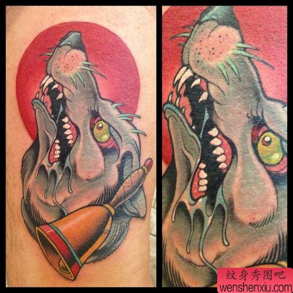 一幅欧美school风格狼头纹身图片