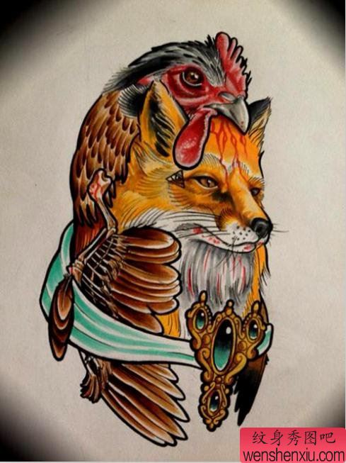 一幅漂亮的狐狸公鸡纹身图案