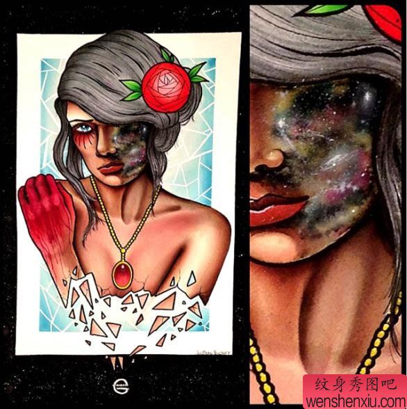 欣赏一幅恐怖的人脸星空纹身手稿