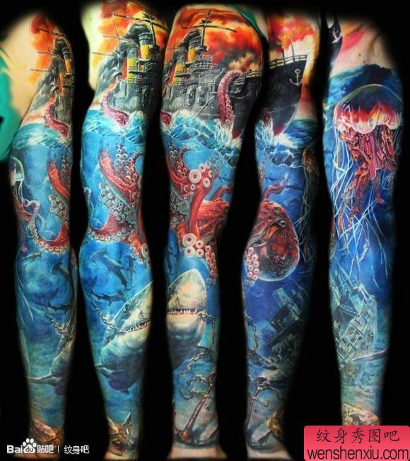 老兵纹身一幅海底世界花臂纹身图案