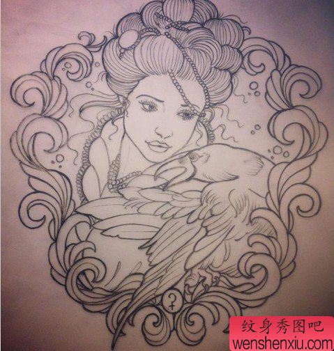 一幅school风格美女纹身手稿