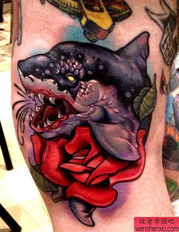 一幅个性鲨鱼玫瑰花纹身作品