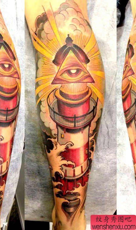 为大家一幅小腿上的灯塔纹身作品